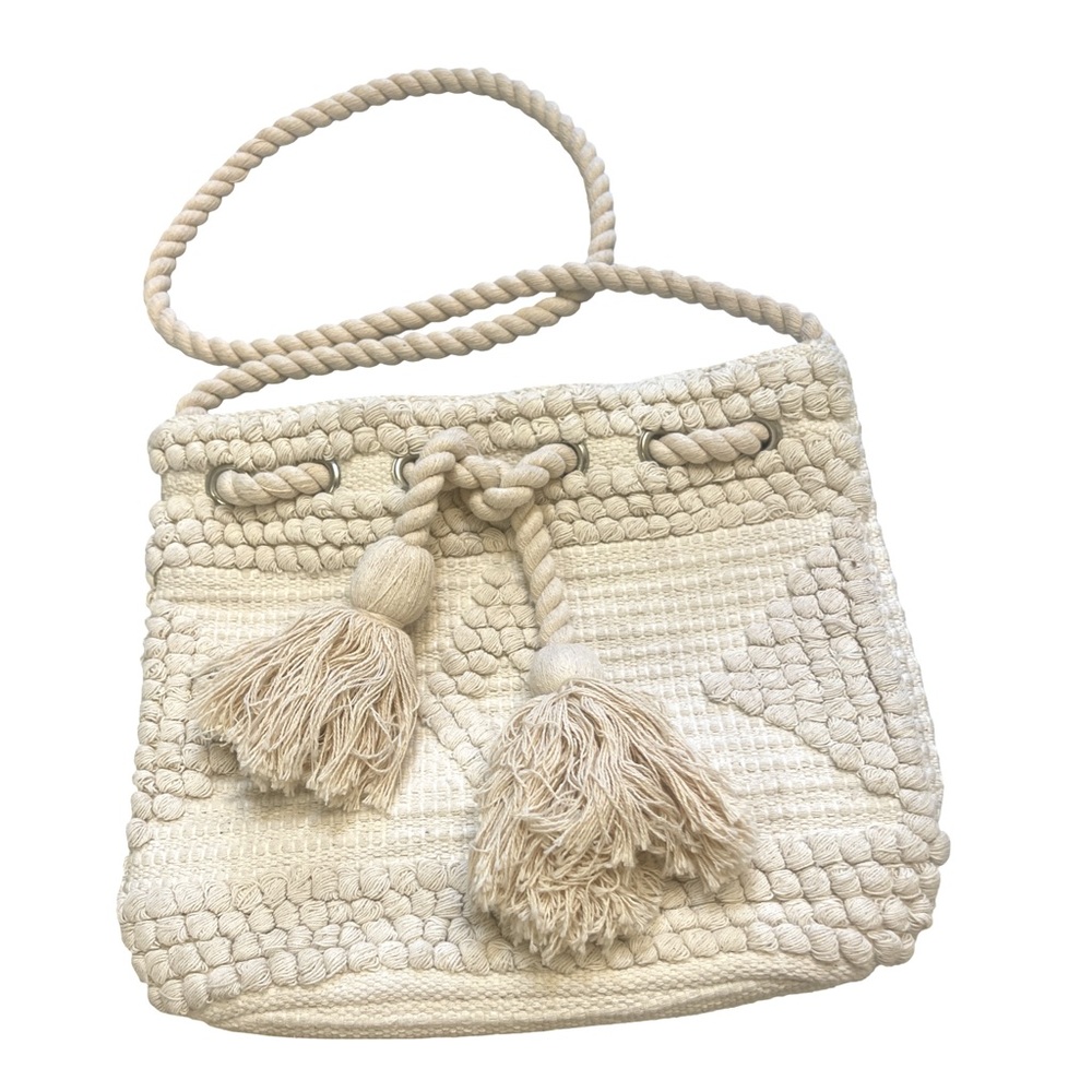 Forever 21 Boho Woven Macrame Crossbody Bag - Cream/Ivory with Tassels